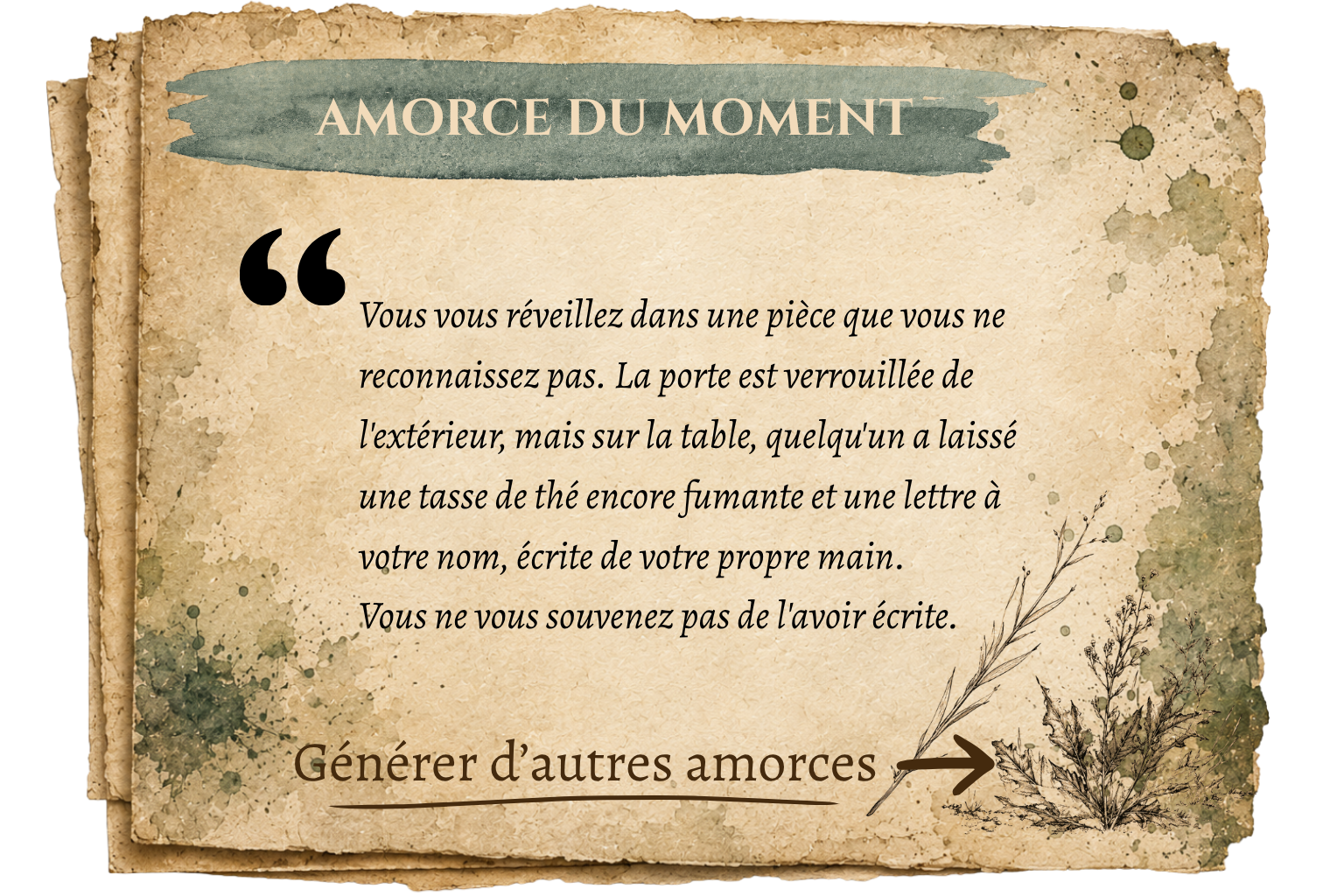 Amorce du moment sur JDR Solo : point de départ d'aventure de jeu de rôle en solo, présenté sur un parchemin ancien, avec un bouton pour générer d'autres amorces.