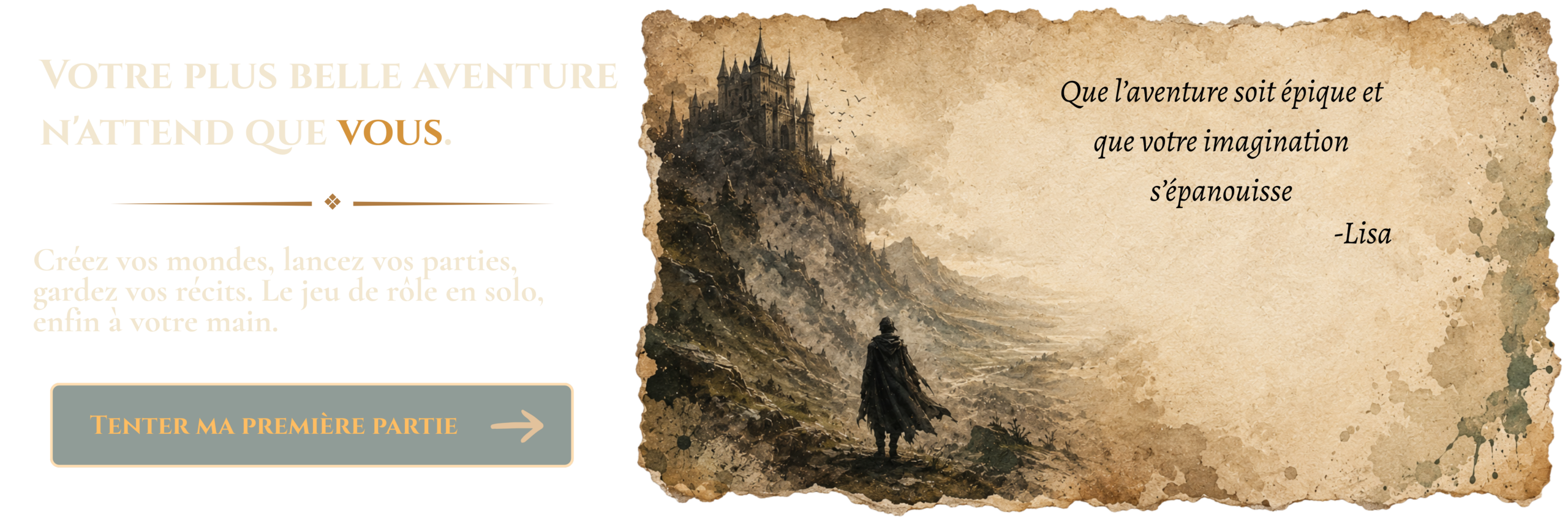 JDR Solo : jouez vos plus belles aventures de jeu de rôle en solo. Un aventurier face à un château sur un parchemin ancien, avec un bouton pour tenter sa première partie.